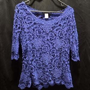 Jennie & Marlis Blue Floral Crochet Lace Top Boho Coastal Poetcore Laced Up Sz L